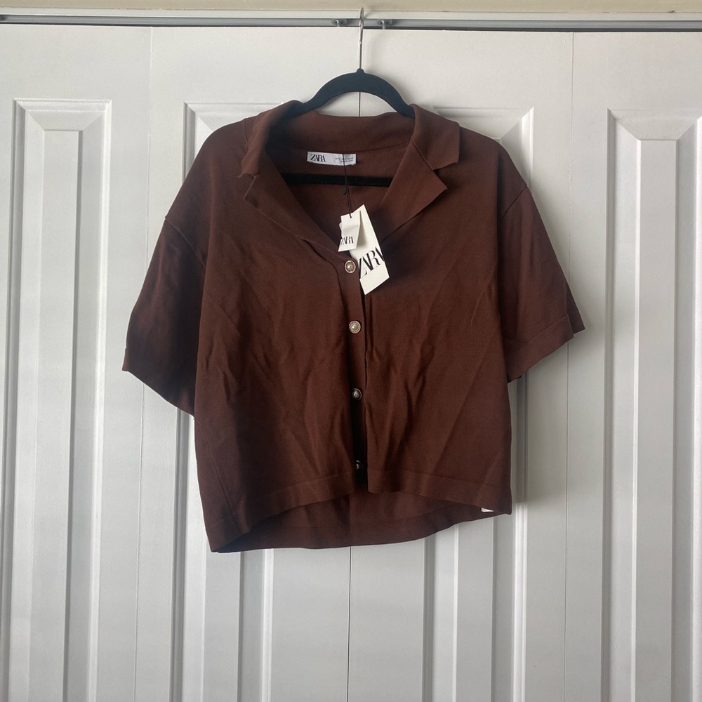 Zara Brown Cropped Button Down Shirt with Notched Collar